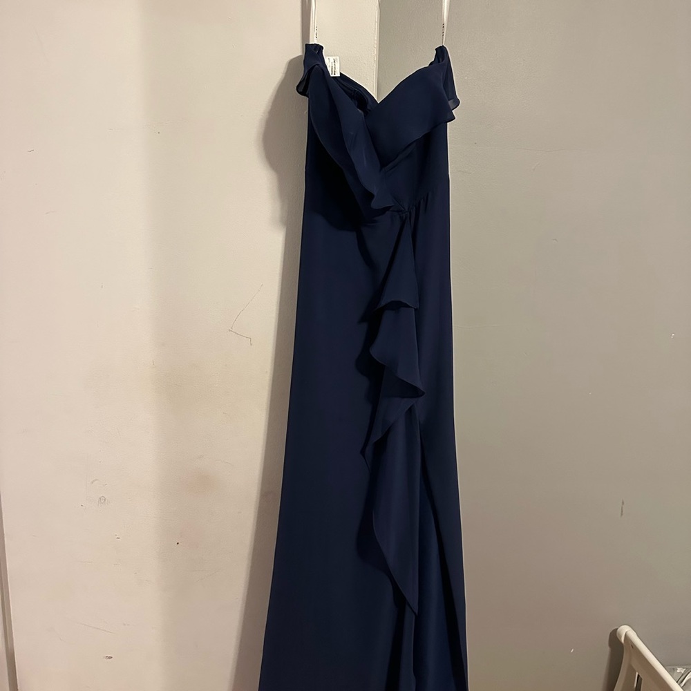 JJs House Strapless Navy Dress with Ruffle Detail